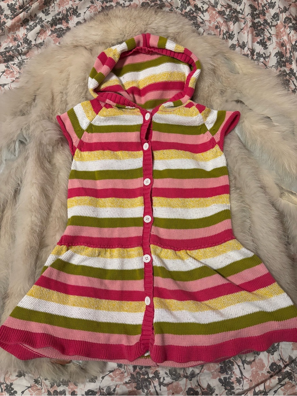 Vintage GAP Girl Striped Hooded Knit Shirt Sleeve - Pink, Yellow, White, Olive